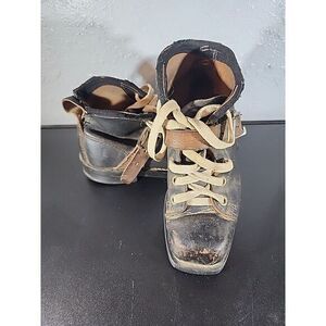 Vintage Antique Alpine‎ Style LEATHER SKI BOOTS Hiking Kids Sz Cabin Lodge Decor